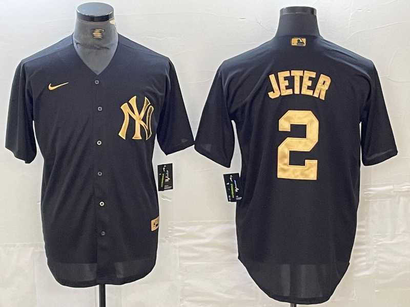 Mens New York Yankees #2 Derek Jeter Black Gold Cool Base Stitched Jersey